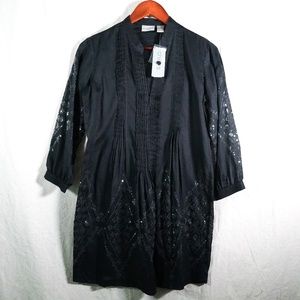 NWT Chico’s Women 0 Pleated Dazzle McKayla Tunic Top 3/4 Black